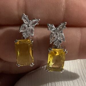 Yellow Emerald Cut CZ Diamond Floral Cluster Earrings Citrine Simulate Butterfly